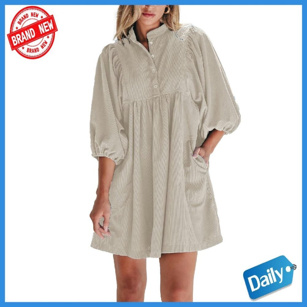 Corduroy Mini Dress Empire Waist Button Up 3/4 Sleeve Casual Fall Winter
